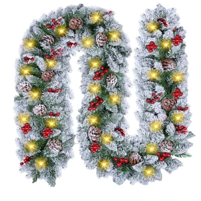 Immagine di ghirlanda natalizia con illuminazione a 30 LED, 2,7 m, di abete fiori, decorazione in rattan, per scale, interni ed esterni, Natale