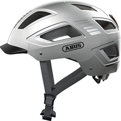Immagine di ABUS Casco da bici con luce Hyban 2.0 LED anteriore e posteriore robusta calotta rigida per uomo donna argento lucido, taglia L