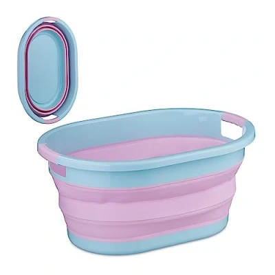 Immagine di Relaxdays Cesto Portabiancheria Pieghevole, 22 Litri, Contenitore Salvaspazio in Plastica con Impugnature, Rosa Blu, 50%