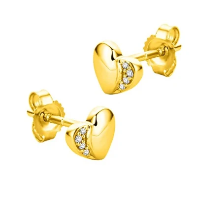Immagine di Orecchini a Cuore Orovi in Oro Giallo con Diamanti Naturali, Vero 9KT 375, Piccoli lobo, Bottone ipoallergenici perno e chiusura farfalla pressione.