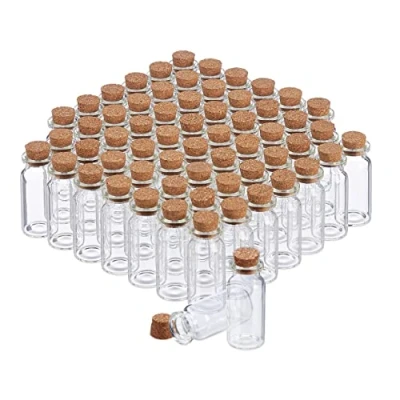 Immagine di Relaxdays Set da 60 Vasetti in Vetro con Tappi Sughero, Bottigliette Decorative, per Oli e Spezie, 10 ml, Trasparente, 5,5 x 2 cm