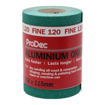 Immagine di ProDec Rotolo di carta abrasiva in ossido alluminio verde, grana 120, fine, per levigare legno, vernice, gesso, riempitivo, metallo e altro, larghezza 115 mm, compatibile con levigatrici a