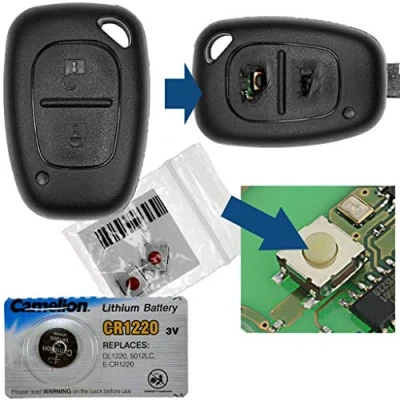 Immagine di Kit di riparazione per guscio chiave telecomando auto, 1 custodia 2 tasti + microinterruttori batteria CR1220 compatibile con Renault/Opel/Nissan