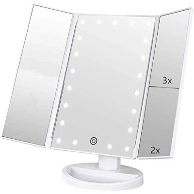 Immagine di Flymiro Specchio Trucco, per Il Trucco con Luce 1x / 2X 3X Trifold ingrandente 21 LED Touch Screen, Regolabile a 180 cosmetico viaggio(Bianco)
