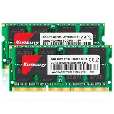 Immagine di Kuesuny 16GB Kit (2X8GB) DDR3/DDR3L 1600MHz Sodimm Ram PC3/PC3L 12800S 12800 1.5V/1.35V CL11 204 Pin 2RX8 Dual Rank Non ECC Unbuffered Memory Ideal for Notebook Laptop Upgrade
