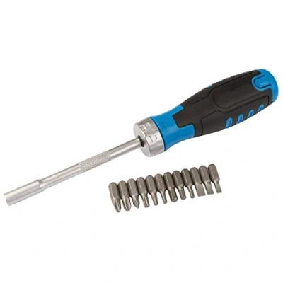 Immagine di Draper Set di 13 cacciaviti a cricchetto, contenitore interno, punte da 12 x 25 mm, kit fai te professionale per la casa e l&#039;auto, utensili testa piatta, croce, esagonali Tx Star, 70442