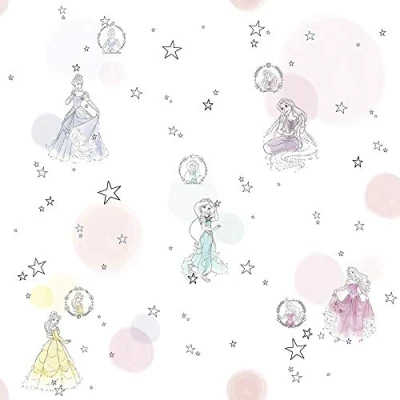 Immagine di Komar Disney Princess Pretty Pastel Carta da parati in tessuto non tessuto, 1 rotolo, dimensioni: 10,05 x 0,53 m, cameretta dei bambini, principessa, regina, fiaba, ragazza, multicolore