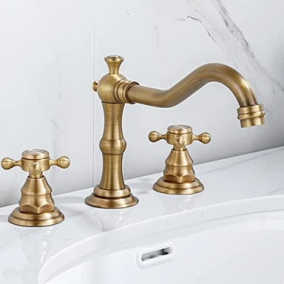 Immagine di Rubinetti per lavabo retrò, Rubinetto in ottone con acqua calda e fredda, Miscelatore a 3 fori, doppia maniglia croce, Antico