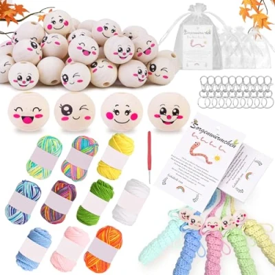 Immagine di Perline di Legno 40 pezzi, Palline 20 mm, con Filo per Uncinetto Multicolore, Uncinetto, Sacchetto Organza, Portachiavi e Biglietti, in DIY, Braccialetti, Ghirlande