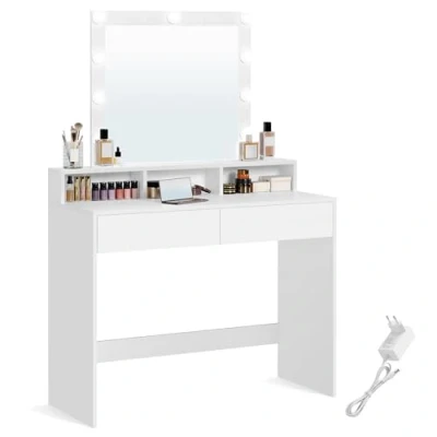 Immagine di VASAGLE Toeletta, Luce LED con Luminosità Regolabile, Tavolo da Trucco Specchio, 2 Cassetti e 3 Scomparti, Postazione Trucco, Moderno, Bianco RDT164W01