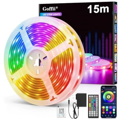 Immagine di striscia LED 15 m, RGB Bluetooth, autoadesiva, con telecomando e app. sincronizzazione musicale, regolazione timer, dimmerabile, luminosa a per la decorazione della stanza