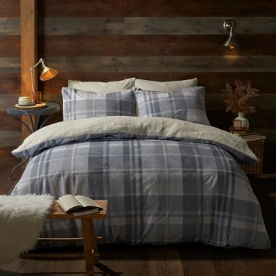 Immagine di Fusion Copripiumino in pile a scacchi blu letto super king size (260 x 220 cm) design reversibile biancheria da tartan flanella con trapunta