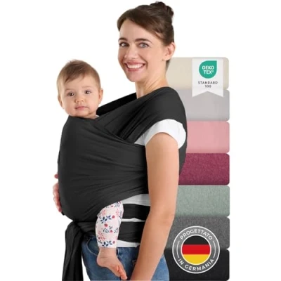 Immagine di Laleni Fascia Neonato fino a 15kg in Morbido Cotone Porta Bebe dalla nascita Certificata OEKO TEX Lunga 5,10m Elastica Nero