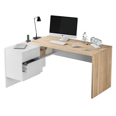 Immagine di Habitdesign Vanilla B01 Scrivania angolare, Legno ingegnerizzato, Bianco, 145 x 108 73 cm
