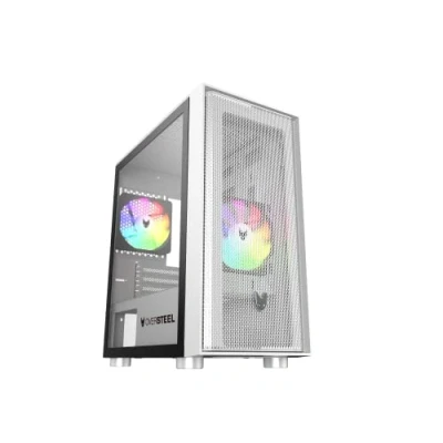 Immagine di Oversteel Aeris Case per PC da gioco compatibile con schede Micro ATX e ITX, 2 ventole RGB 120 mm, frontale a rete, filtri antipolvere, vetro laterale temperato, USB 3.0, colore bianco