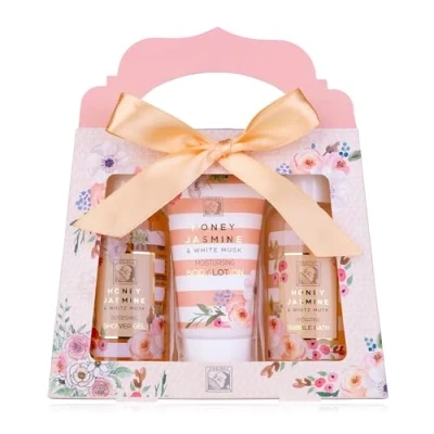 Immagine di Accentra Set doccia da donna Honey Jasmine in bella confezione regalo di 3 pezzi con gel doccia, lozione per il corpo e bagnoschiuma, San Valentino festa della mamma