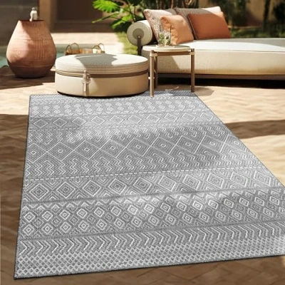 Immagine di Paco Home Tappeto per Esterno da Balcone Terrazza Cucina Moderno Boho Etnico, Dimensione:150 cm Quadrato, Colore:Beige 3
