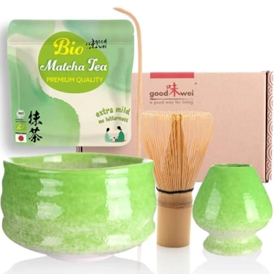 Immagine di Goodwei Set di Matcha Completo Tazza Cerimoniale con frusta e cucchiaio incl. Tè Biologico Giapponese (Midori)