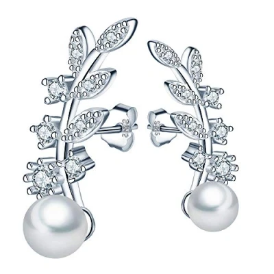 Immagine di MICGIGI Orecchini da donna eleganti a forma di foglia, in argento Sterling 925 con zirconi, perla 5 mm (argento)