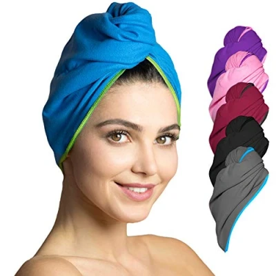 Immagine di Fit Flip Capelli Microfibra Urbana Assorbente E Asciugatura Rapida Speciale Turbante Asciugamano per (12 Blu con Cucitura Verde 2 Pezzi)