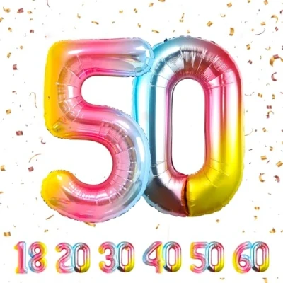 Immagine di Palloncini Compleanno 50 anni Arcobaleno 101 CM Palloncino Numero Gonfiabile in Foil Decorazioni di un uomo donna Vola con l&#039;Elio