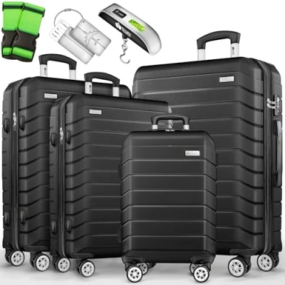 Immagine di tillvex® set di 4 valigie da viaggio + bilancia per bagagli, 8 cinghie valigia e etichette ruote, trolley TSA, custodia rigida S M L XL