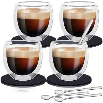 Immagine di EOGRFW set di tazze da caffè (4 x 80 ml), bicchieri espresso, a doppia parete, in vetro borosilicato, 4 cucchiai + sottobicchieri, per latte macchiato