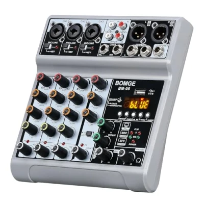 Immagine di BOMGE mixer audio, console di mixaggio con 5 canali USB digitale Bluetooth effetto ritardo eco, alimentazione phantom 48 V stereo DJ per registrazione, live streaming, podcasting