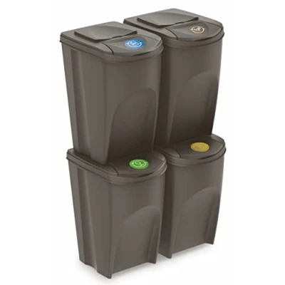 Immagine di Spetebo Sortibox Pattumiera con coperchio, 35 l, set da 4 pezzi, grigio pietra, impilabile, sistema di separazione dei rifiuti, separatore per impilabile patta