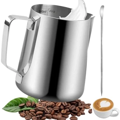 Immagine di Omtofo 550ml Bricco Latte, per Latte in Acciaio Inox con Marchio di Misurazione e Caffè Art Pen, Cappuccino, Espresso, Art, Perfetta Gli Amanti del
