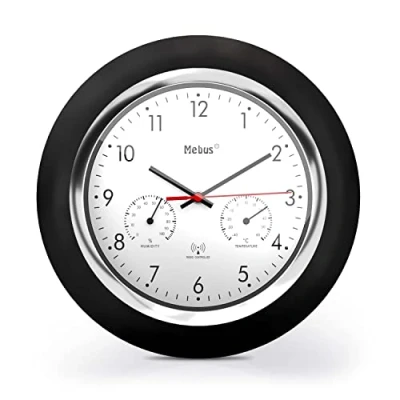 Immagine di Mebus Funk Wanduhr mit Thermometer und Hygrometer/schwarzer Rahmen/weißes Zifferblatt / 24cm Durchmesser/Rund/Modell: 19453 Farbe: Schwarz, Weiß