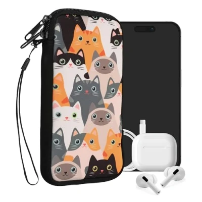 Immagine di kwmobile Custodia in Neoprene con Zip per Smartphone XL 6,7/6,8&quot; Astuccio portacellulare a Sacchetto Cerniera Borsa Verticale Gatti Arancione/Nero/Bianco