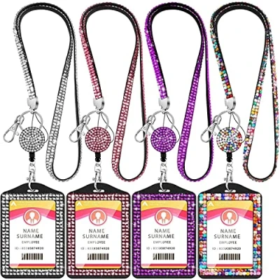 Immagine di 4 set strass cordino porta carte d&#039;identità cristallo retrattile bobina badge collo titolare di carta