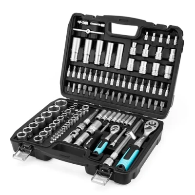 Immagine di DURATECH Set di Chiavi a Bussola 108 Pezzi, 1/2&quot; e 1/4&quot;, Cricchetto 72 Denti, Cr V, con Scatola, Include Cacciavite Punte, Ideale per Riparazioni Lavori Meccanic