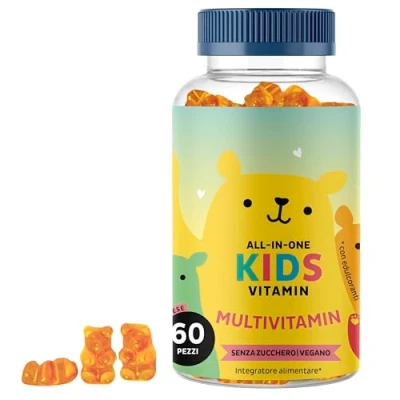 Immagine di Multivitaminico Bambini +4 Vitamine Caramelle Gommose Difese Immunitarie Senza Zuccheri Aggiunti Con Vitamina B12, C, D, e Iodio 60 pezzi Vegano Bears with Benefits