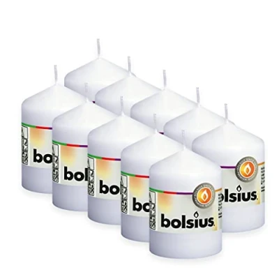 Immagine di Bolsius candele a pilastro lisce, colore bianco, 10 pezzi, 8 cm, decorative per la casa, lunghezza 17 ore, non profumate