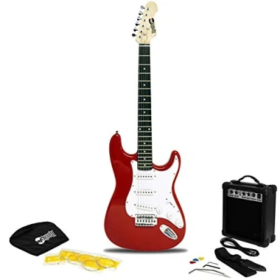 Immagine di RockJam Kit completo per chitarra elettrica con amplificatore da 10 Watt, lezioni, tracolla, custodia, plettri, Whammy, piombo e corde di ricambio, rosso