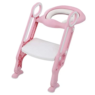 Immagine di Riduttore Water Bambini WC per con Scaletta pieghevole l&#039;addestramento al Vasino,antiscivolo, resistente, design e regolabile in altezza (Bianco Rosa)