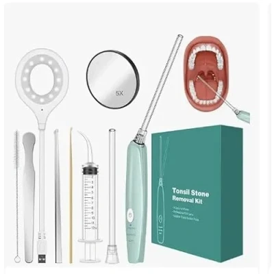 Immagine di MiBrush Kit di rimozione elettrica dei calcoli tonsillari Pipetta aspirazione, siringa irrigazione, specchio con ingrandimento 5x e abbassalingua Rimuove rapidamente i