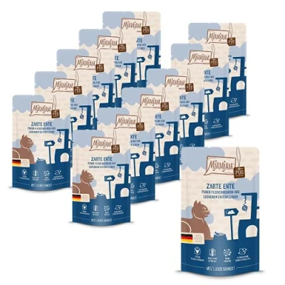Immagine di MjAMjAM cibo umido premium per gatti Quetschie puro piacere di carne tenera anatra pura, confezione da 12 (12 x 125 g), senza cereali con extra