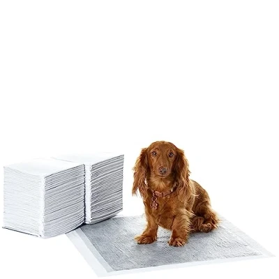 Immagine di Amazon Basics Tappetini al carbone con controllo degli odori per l&#039;addestramento di cani e cuccioli, a prova perdite superficie ad asciugatura rapida, Standard (confezione da 80), Bianco
