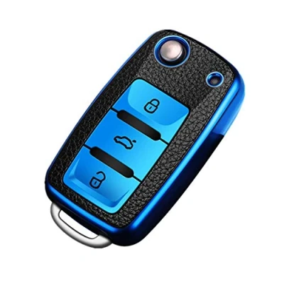Immagine di Happyit Custodia per chiave auto in TPU + pelle adatta Volkswagen VW Bora Beetle Tiguan Polo Passat B5 B6 MK5 6 Jetta Eos SEAT Sagitar Golf 3 pulsanti (blu)