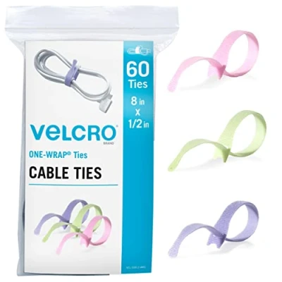 Immagine di Velcro Fascette fermacavi resistenti e riutilizzabili, confezione da 60 pezzi, colori vivaci, 8 cinghie 1,27 cm, gestione dei fili, perfette per artigianato o forniture ufficio casa, classe