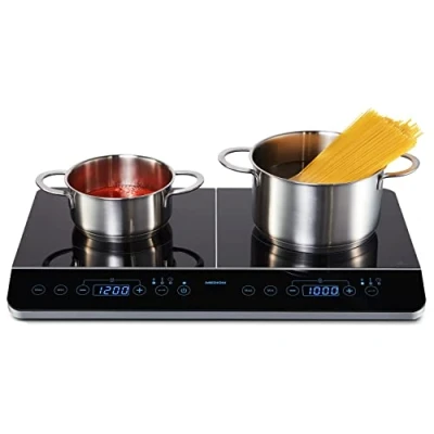 Immagine di MEDION Piastra a induzione doppia con due piastre di cottura, 3500 Watt, 10 livelli temperatura, display LED, MD 15324, nera