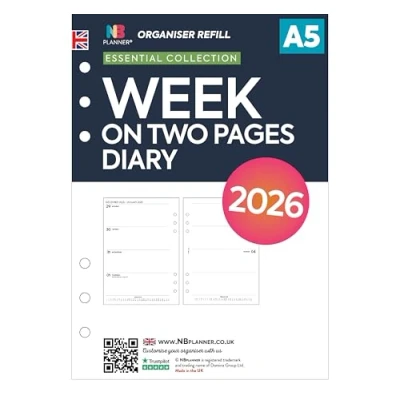 Immagine di Ricarica per agenda 2026, formato A5, settimana su due pagine, compatibile con Filofax A5