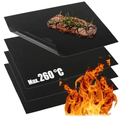 Immagine di COM FOUR® 4X Tappetino per Barbecue in Teflon da Forno Resistente al Calore Pellicola Griglia Antiaderente e Riutilizzabile (4 pezzi nero)