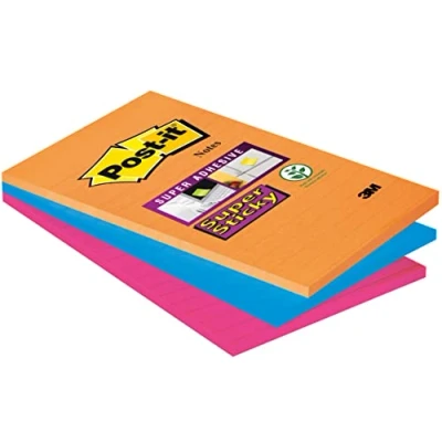Immagine di Post It Super Sticky Grandi Formati, Collezione Boost, a Righe, 101 mm x 152 mm, 90 Fogli/Blocchetto, 3 Blocchetti/Confezione