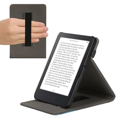 Immagine di kwmobile Custodia Cinturino Mano Compatibile con KoboClara 2E Cover eReader Stand Blu/Grigio/Nero Natura e Spazio