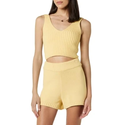 Immagine di The Drop Sylvie Double V neck Textured Rib Cropped Sweater Tank da Donna, Burro, L