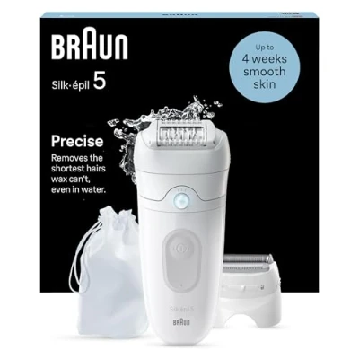 Immagine di Braun Silk épil 5 Depilatore Donna, Epilatore Elettrico Donna Per Una Epilazione Semplice, Wet &amp; Dry, Pelle Liscia a Lungo, Con Testina Rasoio e Cappuccio Rifinitore, 041, Bianco/Grigio